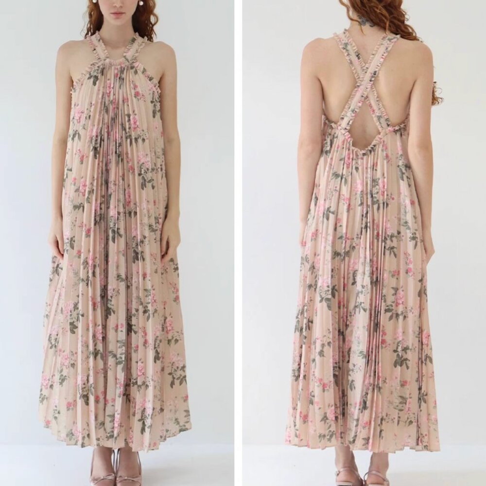 EUC Maison Amory The Daisy Maxi Dress Gown Pink Daffodils & Lilies Wedding